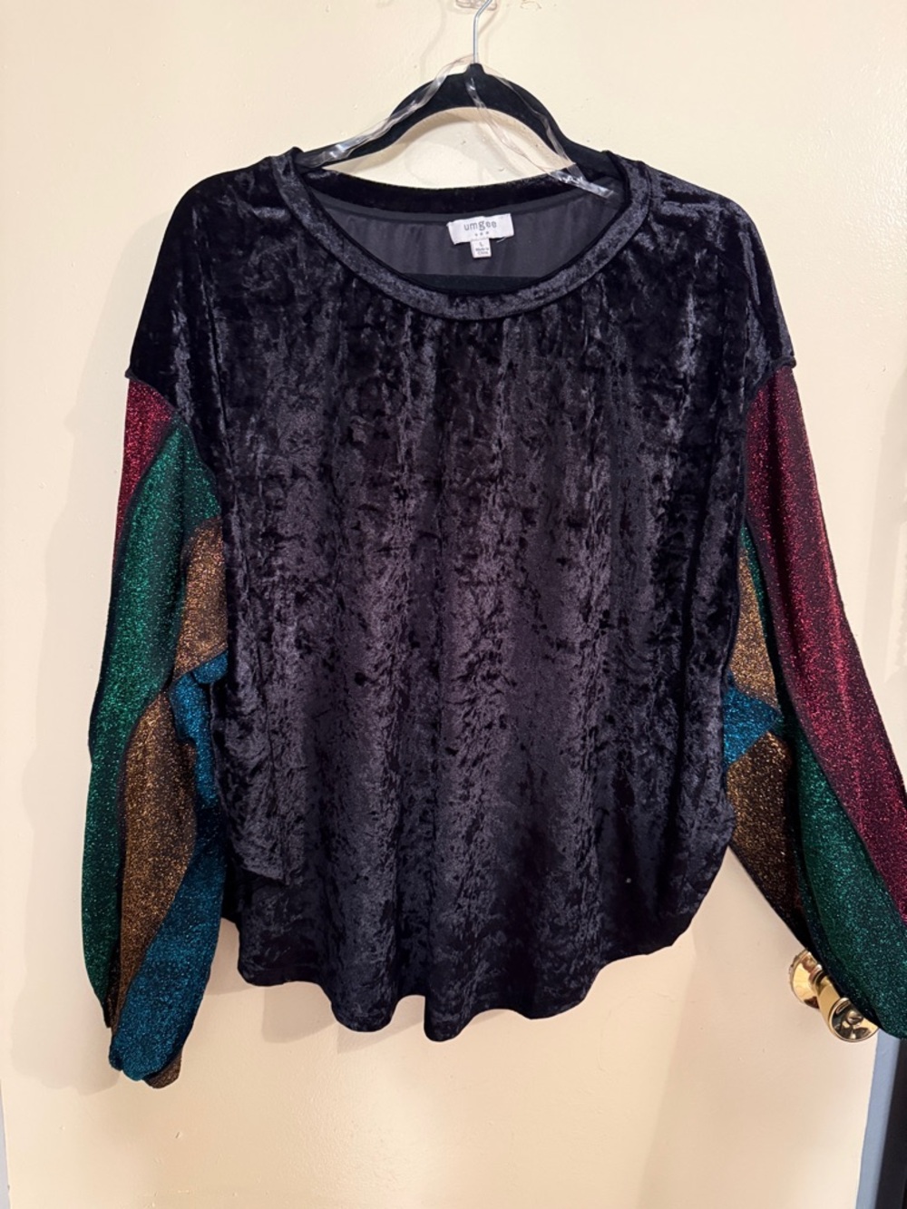 Umgee Black Velvet Top with Metallic Color-Block Sleeves